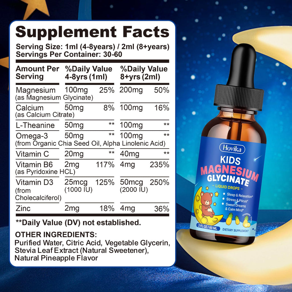 Kids Magnesium Glycinate Liquid with L-Theanine Omega-3, Vitamin B6, D3, Zinc, Magnesium Liquid Drops for Kids Sleep, Relaxation, Calm & Focus, 2 Fl Oz Pineapple Flavor