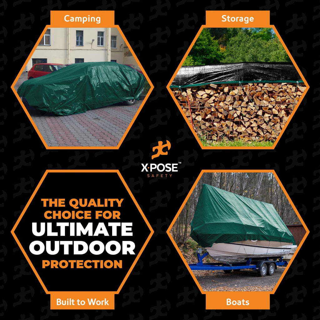 Heavy Duty Poly Tarp - 16' x 20' (4-Pack) - 10 Mil Thick Waterproof, UV Blocking Protective Cover - Reversible Green and Black - Laminated Coating - Grommets - by Xpose Safety