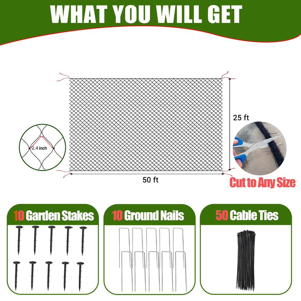 CITOOTY Bird Netting for Chicken Coop Run, 25x50 Ft Heavy Duty Poultry Netting with 2.4" Mesh, UV Resistant Black Net Garden Netting for Fruit Trees, Vegetable Plants, and Yard Protection