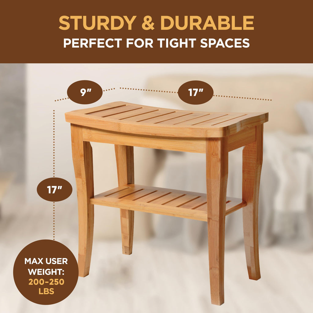 Bamboo Shower Bench - Small Wooden Shower Stool with Storage Shelf, Non-Slip Bathroom Seat, Spa Decor Bath Bench, Foot Rest Shaving Stool for Shower, Indoor Outdoor Use, Great Gift Idea (17" x 9 x 17)