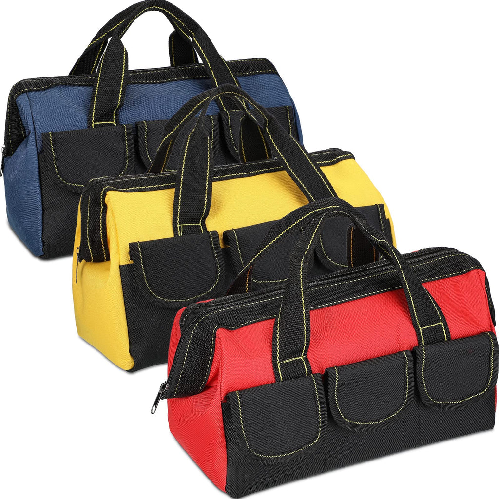 Sanwuta 3 Pack Tool Bag for Men with Waterproof Hard Bottom, Heavy Duty Tool Bag Wide Mouth Tote for Various Instrument, Electrician Carpenter Mechanic(Blue, Red, Yellow,13 Inch,Classic)