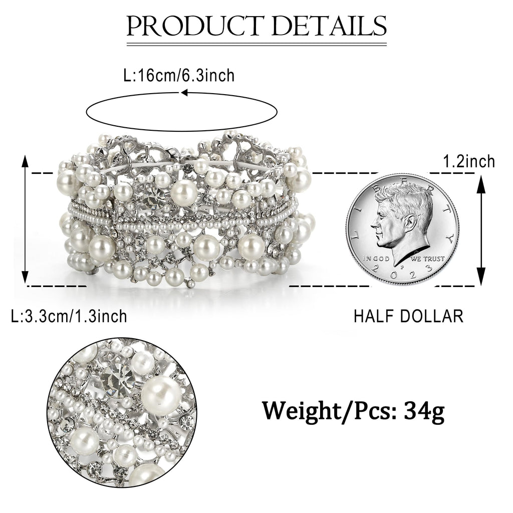 EVER FAITH Crystal Pearl Flower Bridal Stretch Bracelet for Women Bride