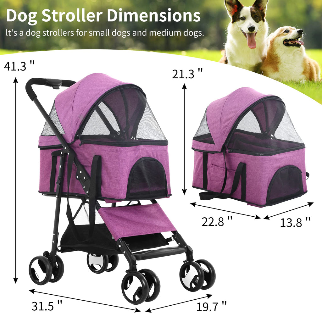 BLKMTY Dog Stroller 3-in-1 Folding Pet Strollers 4 Wheels Cat Stroller w/Storage Basket Dog Carrier Trolley One-Button Switch Travel Strollers with Safety Belt Detachable Carrier, Purple