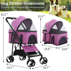 BLKMTY Dog Stroller 3-in-1 Folding Pet Strollers 4 Wheels Cat Stroller w/Storage Basket Dog Carrier Trolley One-Button Switch Travel Strollers with Safety Belt Detachable Carrier, Purple