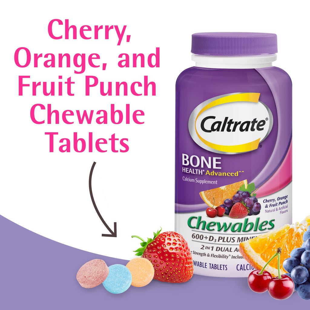 Caltrate Chewables 600 Plus D3 Plus Minerals Calcium Vitamin D Supplement, Cherry, Orange and Fruit Punch - 60 Count (Pack of 2)