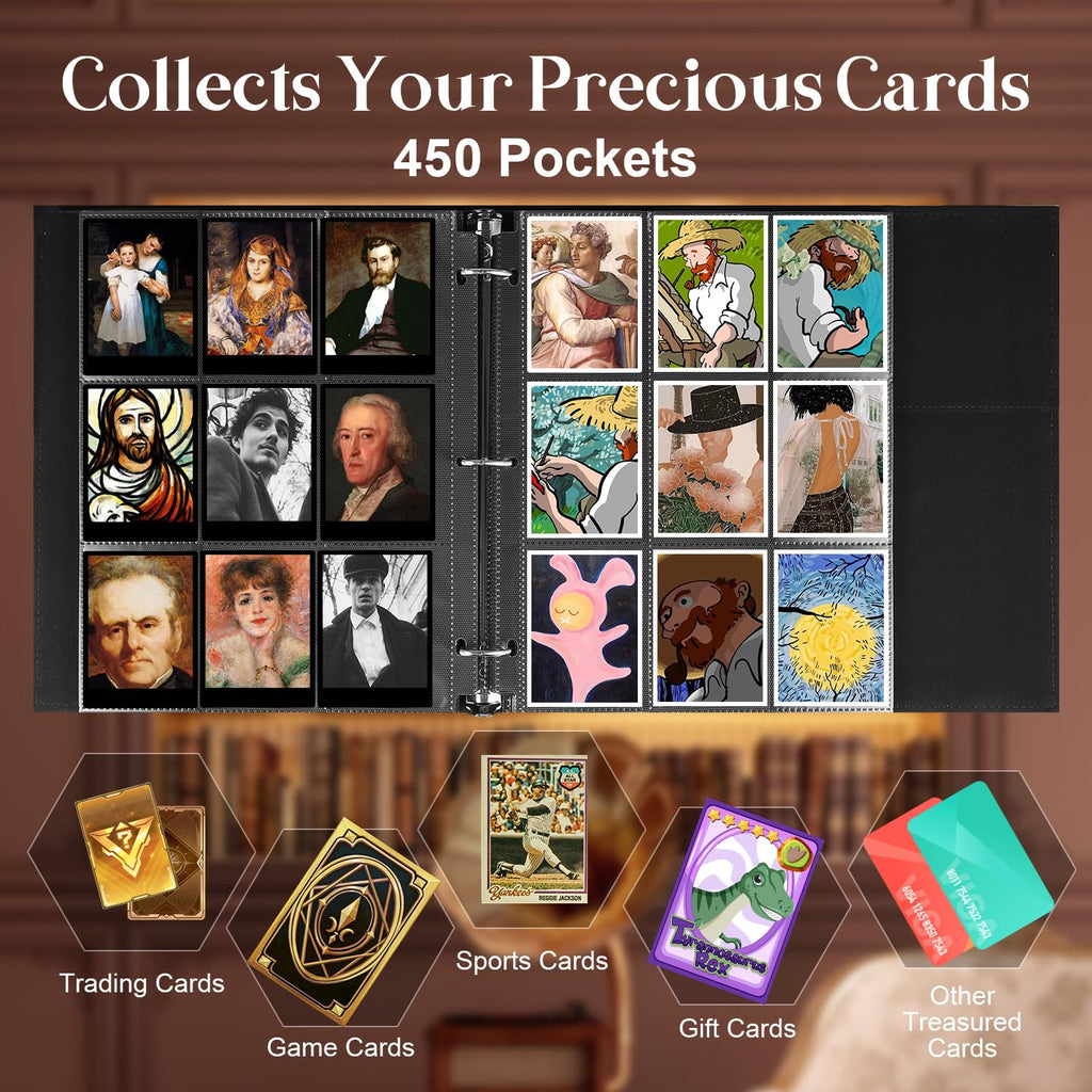 WOT I Deluxe Trading Card Binder, 450 Pockets Collectible Card Binder Sleeves, Refillable Leather 3 Ring Binder with Side-load Pocket Card Pages for Holding Cherished Cards - Red