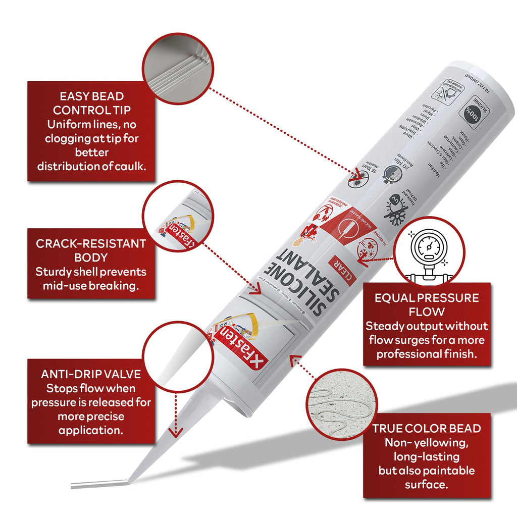 XFasten Clear Silicone Caulk Neutral Cure 10.1 oz (10-Pack) 100% Waterproof Silicone Sealant, Crack and Shrink Resistant, Low Odor, Strong Adhesion Caulking for Kitchen Bath Window Shower Outdoor Use