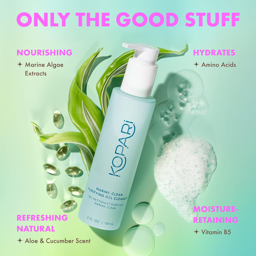 Kopari Marine Clean Purifying Gel Cleanser, Infused with Amino Acids & Vitamin B5, Dual-Action Gel-to-Foam Cleanser, Gentle and Nourishing, 5 oz | New Look, Same Formula, Product Packaging May Vary