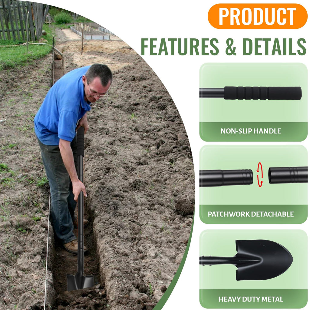 Small Round Point Digging Shovels, Garden Spade Shovel Beach Shovels with 43.3in Handle,Heavy Duty Portable Metal Shovel for Gardening Camping Trenching Digging Landscaping,Off-Road Use, Black