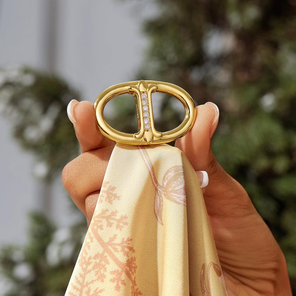 Cicy Bell Womens Scarf Ring 18K Gold Plated Elegant Oval Pig-Nose Shaped Silk Scarf Clips with Rhinestones Stylish Scarf Holder