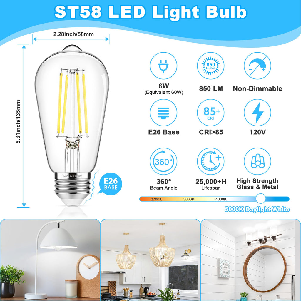 ASOMST 10-Pack Vintage Edison Bulbs 60W Equivalent, 850LM 6W LED Light Bulb Daylight White 5000K, ST58 Filament Lighting E26 Base, Non-Dimmable