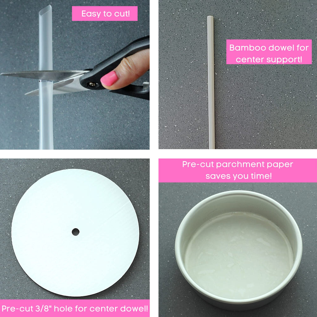 Little Ladle Cake Tier Stacking Kit - 10 Inch, 8 Inch, 6 Inch Cake Boards + Parchment Paper Rounds + Bamboo and Straw Cake Dowels For Tiered Cakes - 125 Pcs