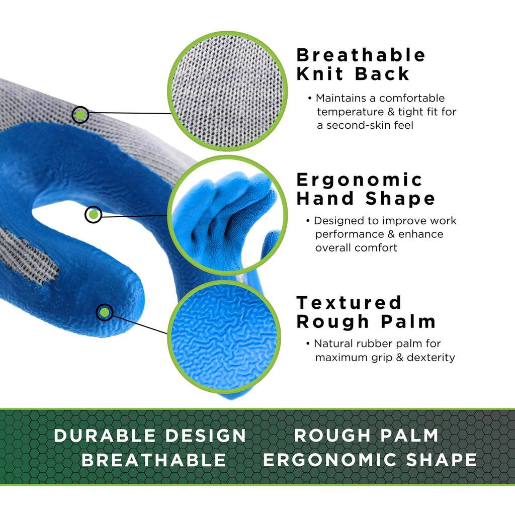SHOWA Atlas 300 Original 1994 Crinkle Grip Work Gloves, Natural Latex Palm, Heavy Duty 10-Gauge for Construction, Landscaping, Gardening, & Masonry, Blue, Medium, 12-Pair