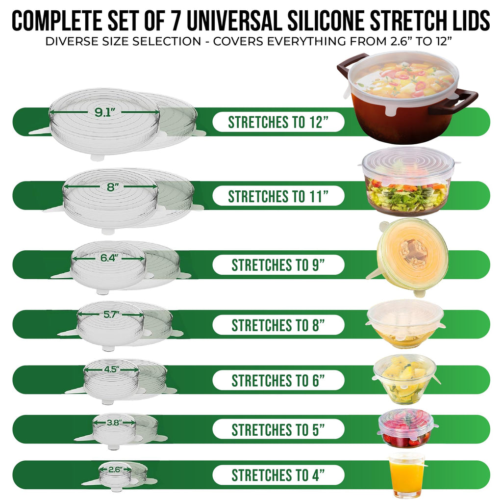 Reusable Silicone Stretch Lids for Food Storage in Fridge - Elastic Heat-Resistant Bowl Covers, Cups, Cans, Jars - Universal Food Grade Lid for Round and Rectangle Containers - Dishwasher Safe -7 Pack