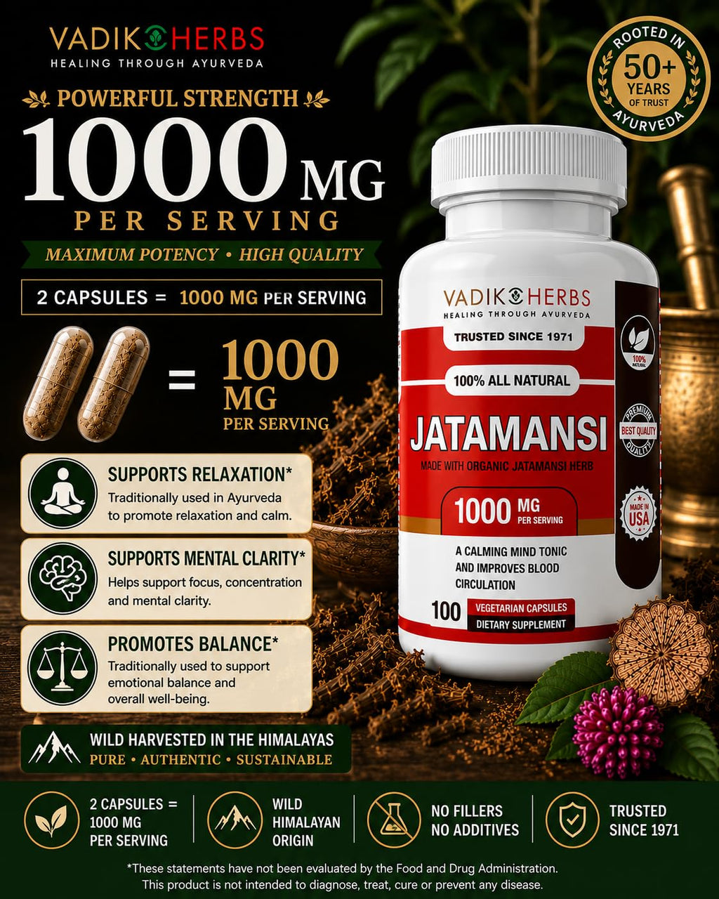 Vadik Herbs Jatamansi Capsules 1000mg | Organic Jatamansi Root (Nardostachys jatamansi) | Ayurvedic Herb for Calm, Clarity & Restful Sleep | 100 Vegetarian Capsules | Non-GMO | Trusted Since 1971