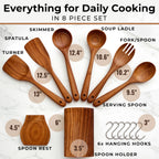 Wooden Utensil Set, 8 Pcs Teak Wooden Spoons for Cooking with Holder