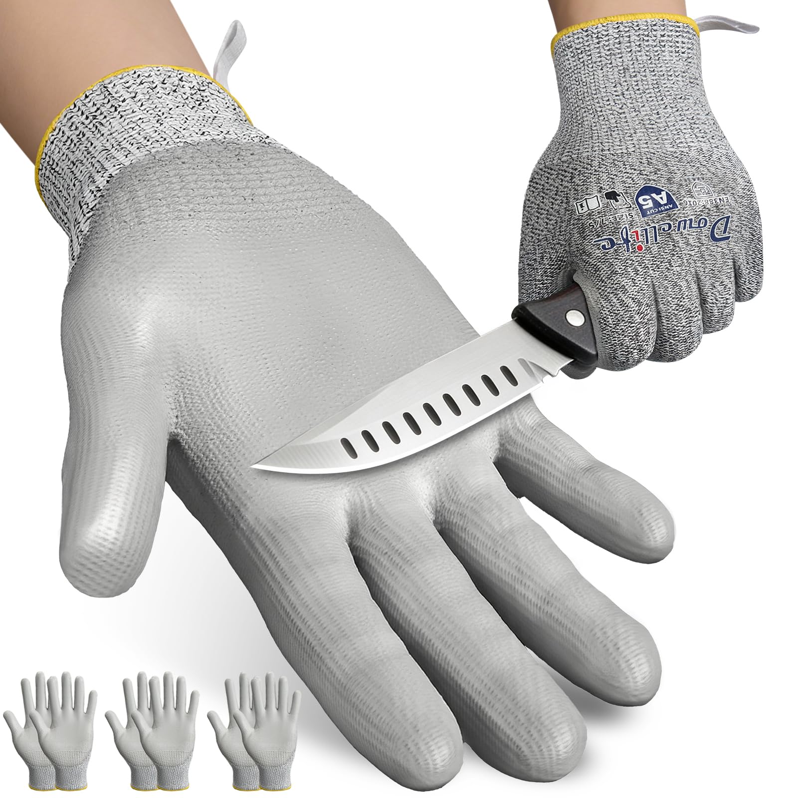 Dowellife Cut Resistant Work Gloves for Men & Women - ANSI A5 & EN388 Level 4, Breathable PU Coated, Grey Non-Marking - for Gardening, Fishing, Automotive, Construction, Wood Carving (Medium, Grey)