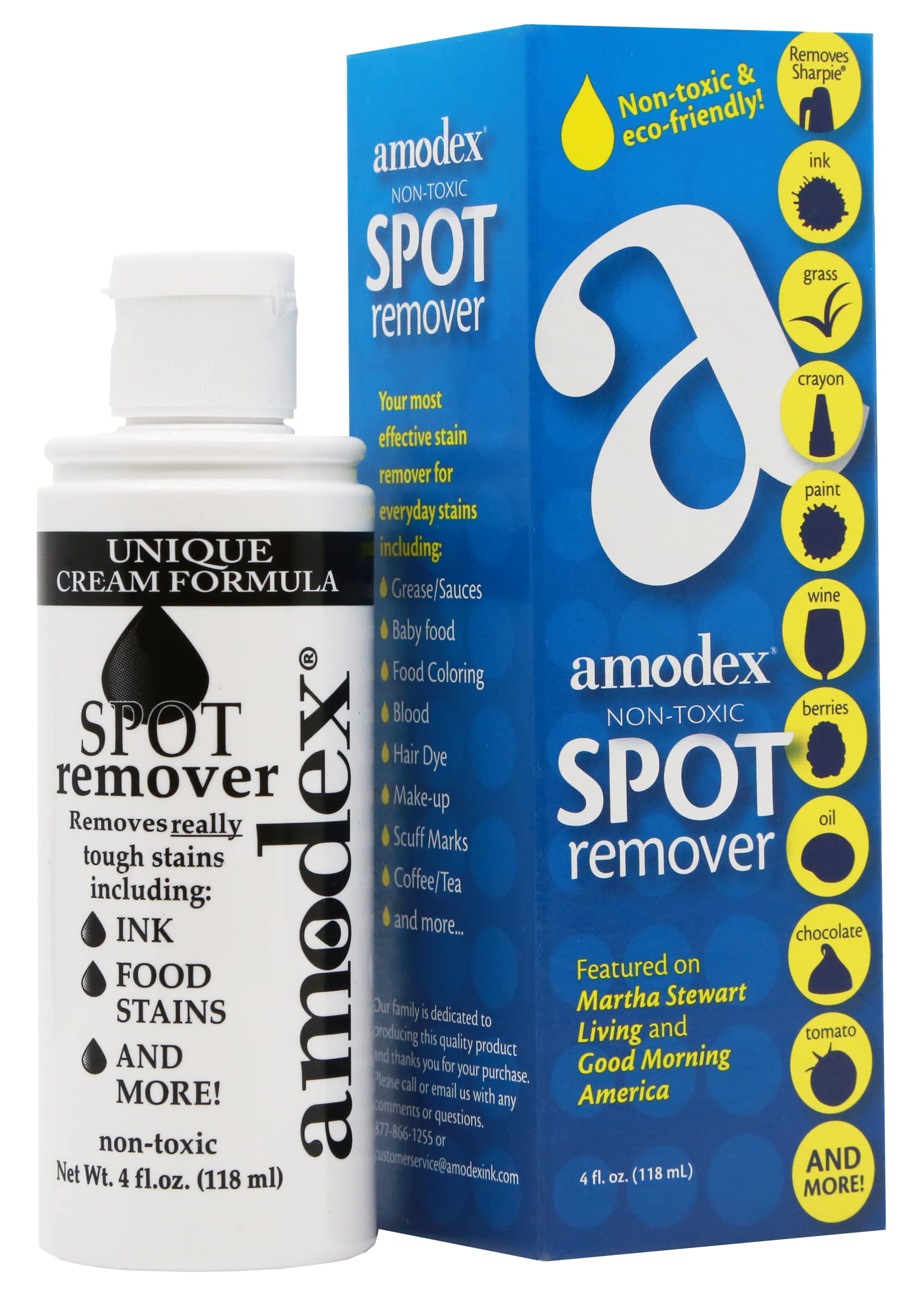 Amodex Ink & Spot Remover for Clothes, Leather and Skin - Removes Ink, Ballpoint, Sharpie, Grease and More, Works on Set-in Stains, Gentle but Powerful, 4oz/120ml Bottle