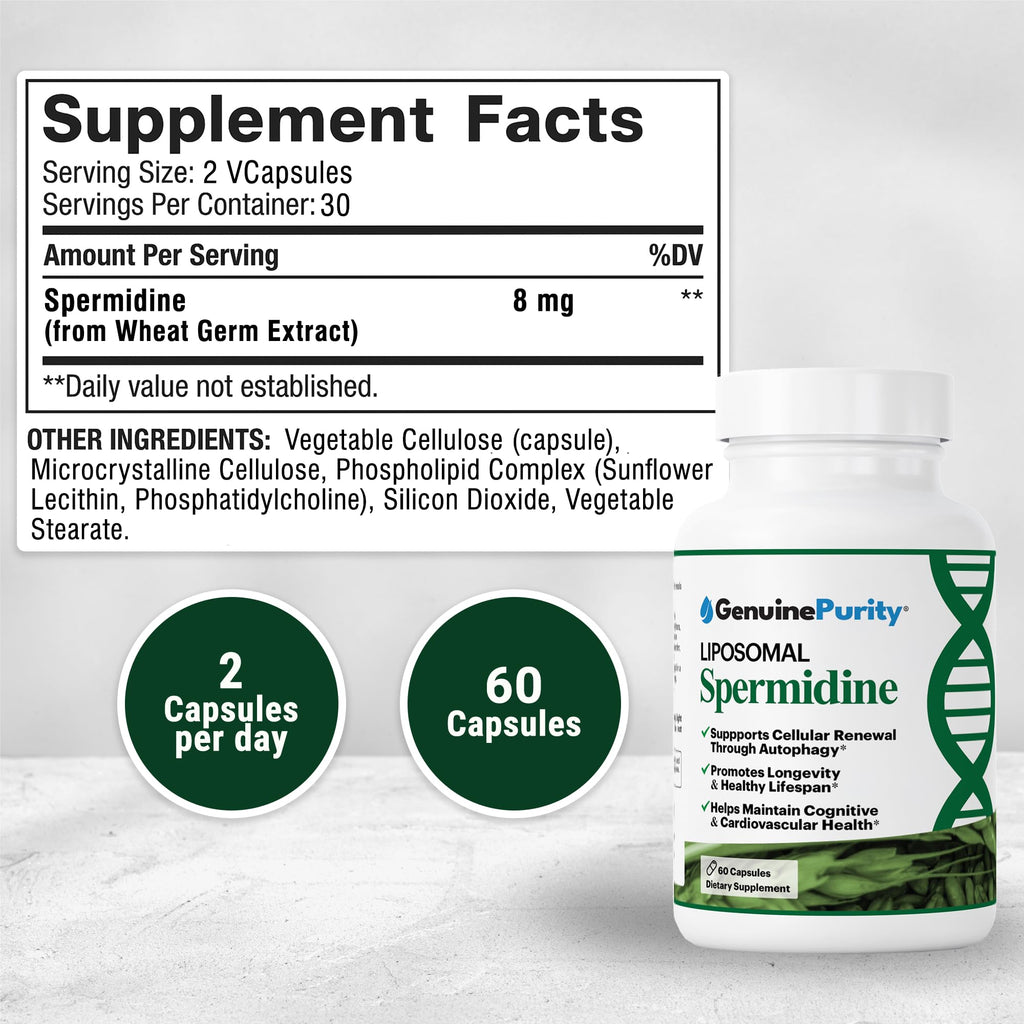 GenuinePurity Liposomal Spermidine 8mg Supplement - 60 Capsules for Cellular Renewal and Healthy Aging - Spermidine-Rich Wheat Germ Extract for Women and Men - Gluten Free, Vegan, Made in USA, Non-GMO