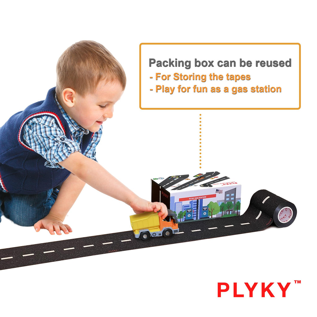 Deluxe Road Tape Play Set - 2x33ft Extended Track with Curves, 30 Traffic Sign Stickers & Durable Drawer Box - Versatile Car Track Tape for Kids, Creative Toy Car Track & Car Track Rug Alternative