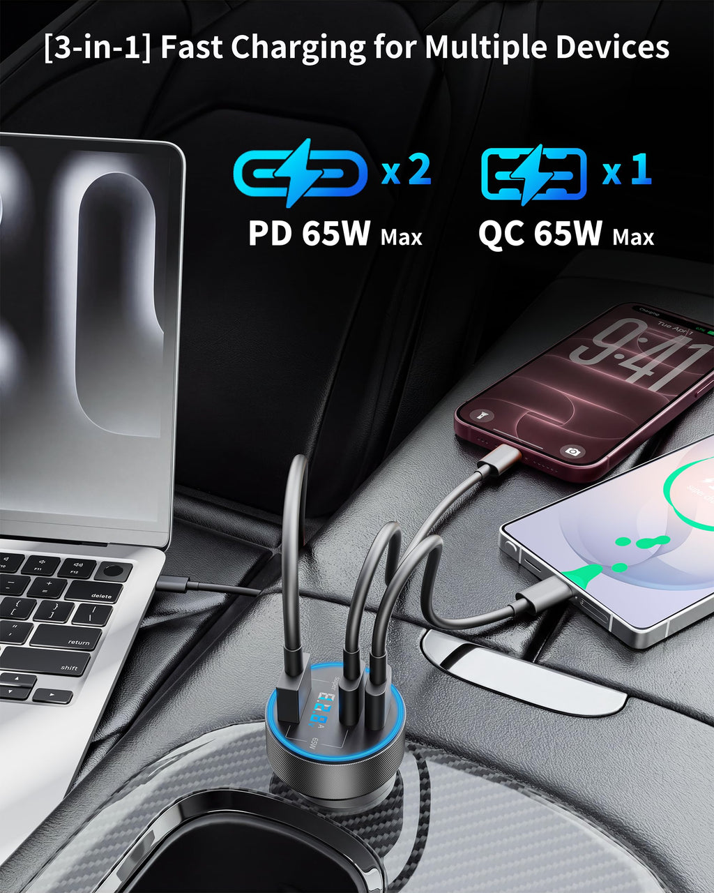 130W 3-Port USB C Super Fast Car Charger (with Voltage Display) for Samsung
