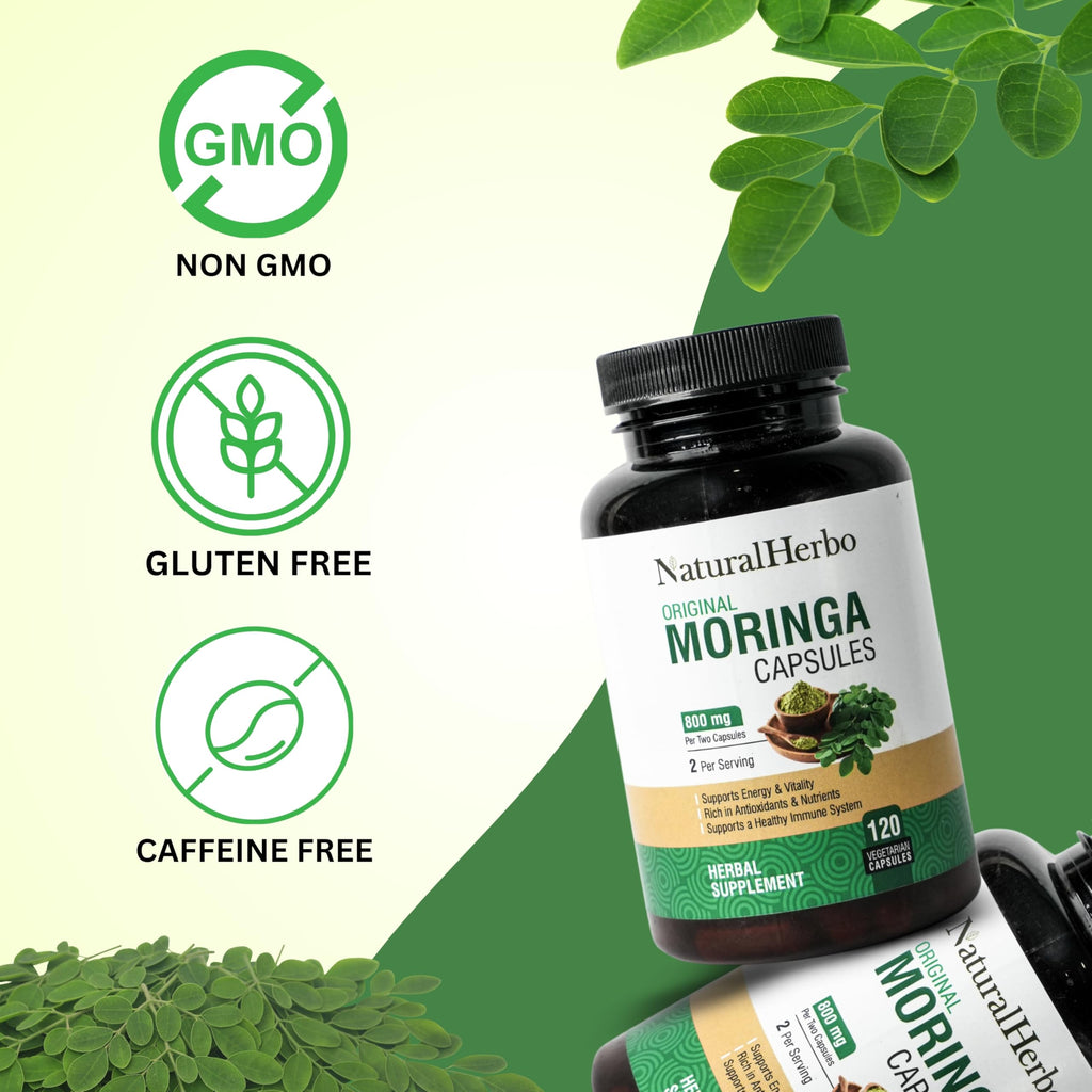NaturalHerbo Pure Moringa Capsules - Pure Moringa Leaf Extract for Natural Energy, Digestion & Daily Wellness | Green Superfood Supplement | Vegan, Non-GMO, Gluten-Free | 120 Capsules (800mg)