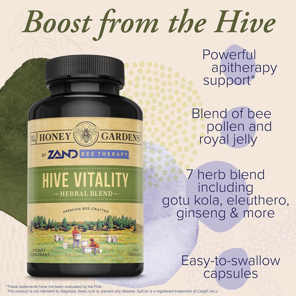 Honey Gardens ZAND Bee Therapy Hive Vitality - Herbal Blend with Bee Pollen & Royal Jelly for Apitherapy Wellness Support - Premium GMP Quality - 100 Servings, 100 Capsules