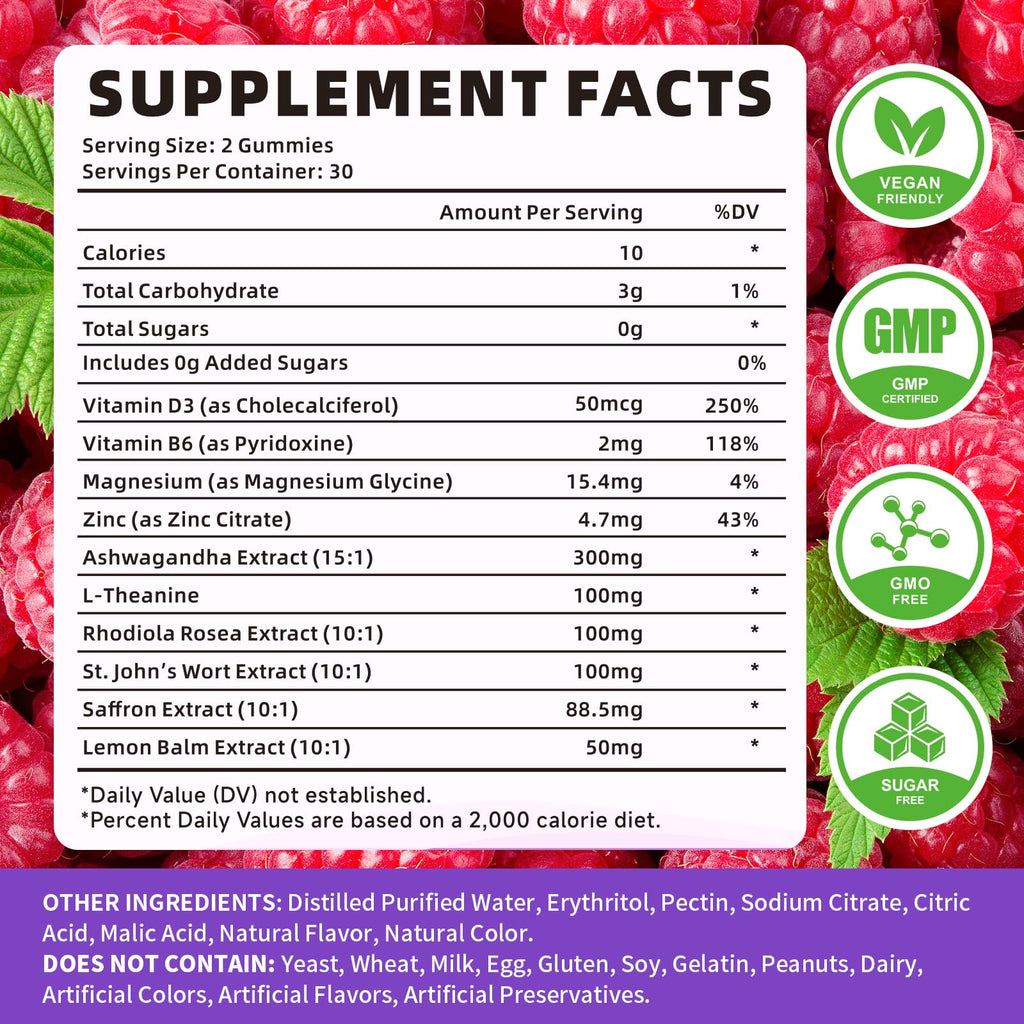 YXSW Saffron Gummies, Saffron Supplements for Kids & Adults with Ashwagandha, L-Theanine, Lemon Balm, Vitamin D3, B6, Magnesium & Zinc - Support Focus, Relaxation, Raspberry Flavor, 120 Count