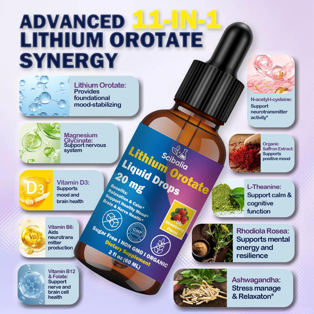 Scibalia Lithium Orotate Liquid Drops 20mg, Potency 11-in-1 Lithium Supplement w. NAC Magnesium Ashwagandha Theanine Vitamin D3 B6 B12 for Memory Brain Mood Cognitive Support, Non-GMO Gluten Free