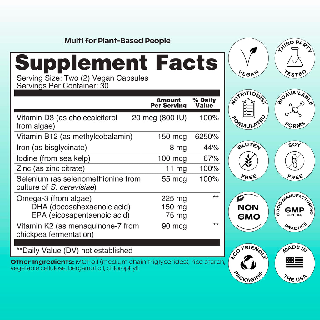 wholier Plant Based Multivitamin Vegan Omega-3 DHA EPA, Vitamin D, B12, Zinc, Vitamin K2, Iron, Iodine, Selenium. 60 Count (30-Day Supply) Glass Bottle