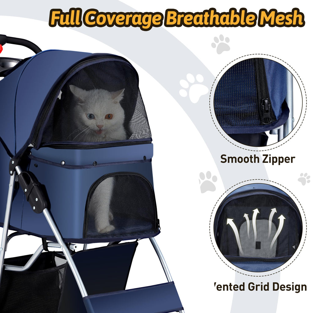 Azaeahom Pet Stroller, 4 Wheels Pet Strolling Cart for Medium/Small Dogs and Cats, Foldable Cat Jogger/Dog Stroller with Cup Holder, Storage Basket, Breathable Mesh, All-Season Pet Carrier, Navy Blue