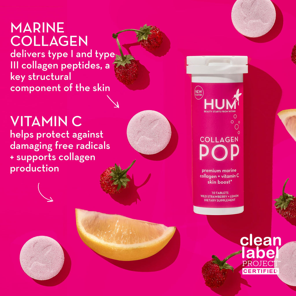 HUM Collagen Pop Marine Collagen Peptides Tablet, Clean Skin Supplement for Women & Men to Support Skin Hydration Levels On The Go, Dissolvable Tablets Strawberry Lemon, 3 Pack, 10 Tablets Each