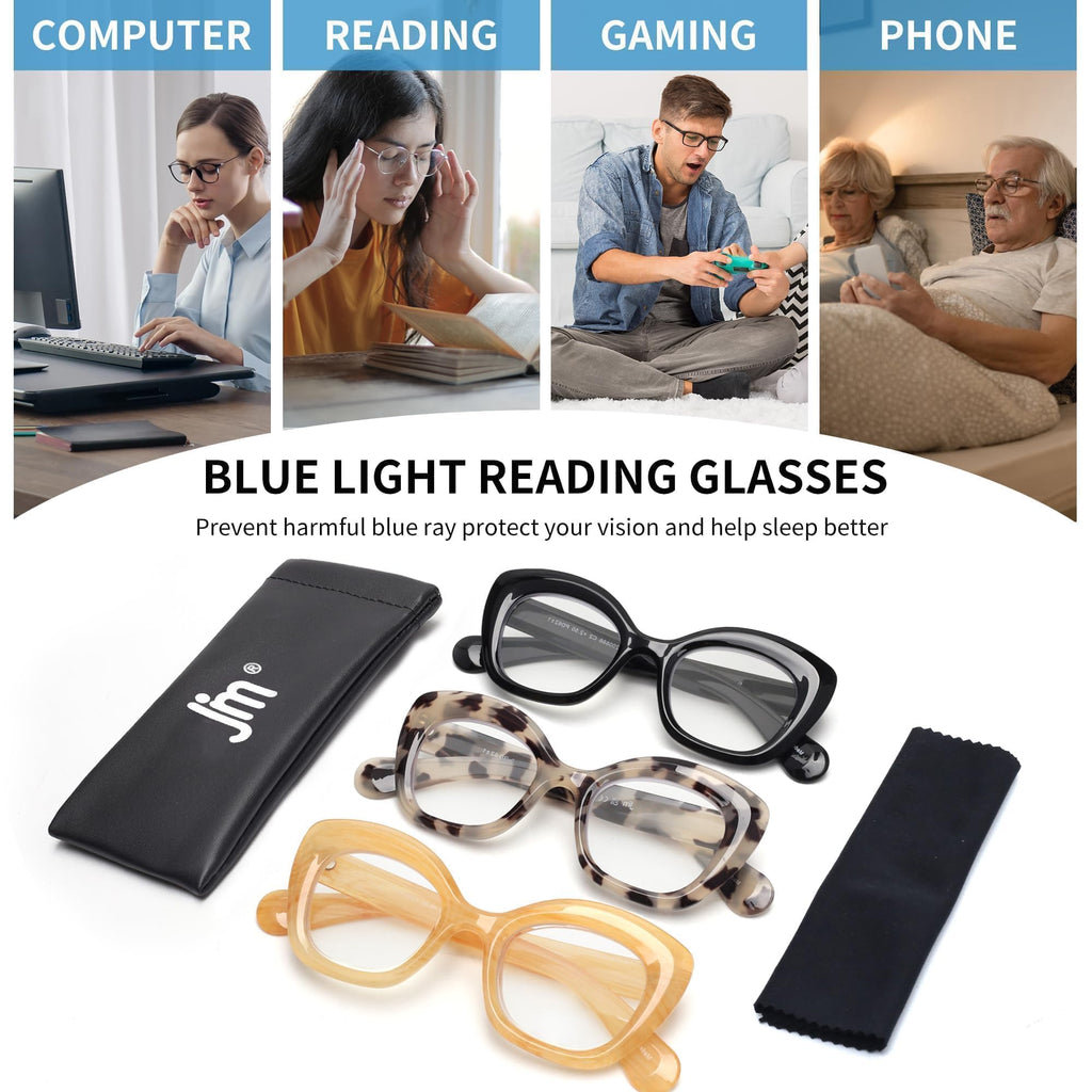 JM 3 Pack Oversized Cat Eye Reading Glasses for Women Funky Blue Light Flexible Cateye Readers +2.0