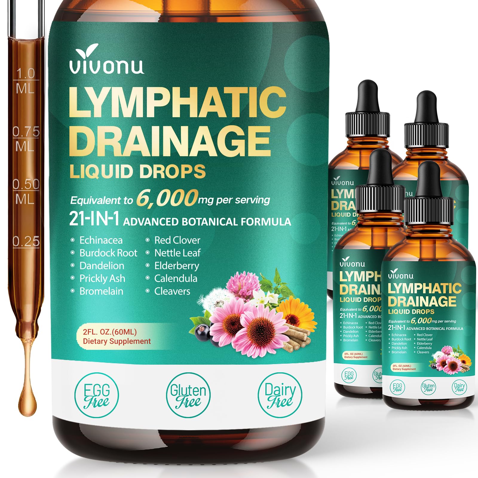 21-in-1 Lymphatic Drainage Drops for Liposomal, Immune & Lymph System Support Supplement for Women & Men with Echinacea, Dandelion, Burdock, Bromelain, Calendula, Turmeric & More, 4 Pack