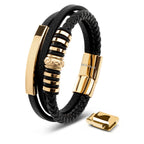 SERASAR Leather Men Bracelet Black Gold Steel Braided Jewelry Gift 8 inch