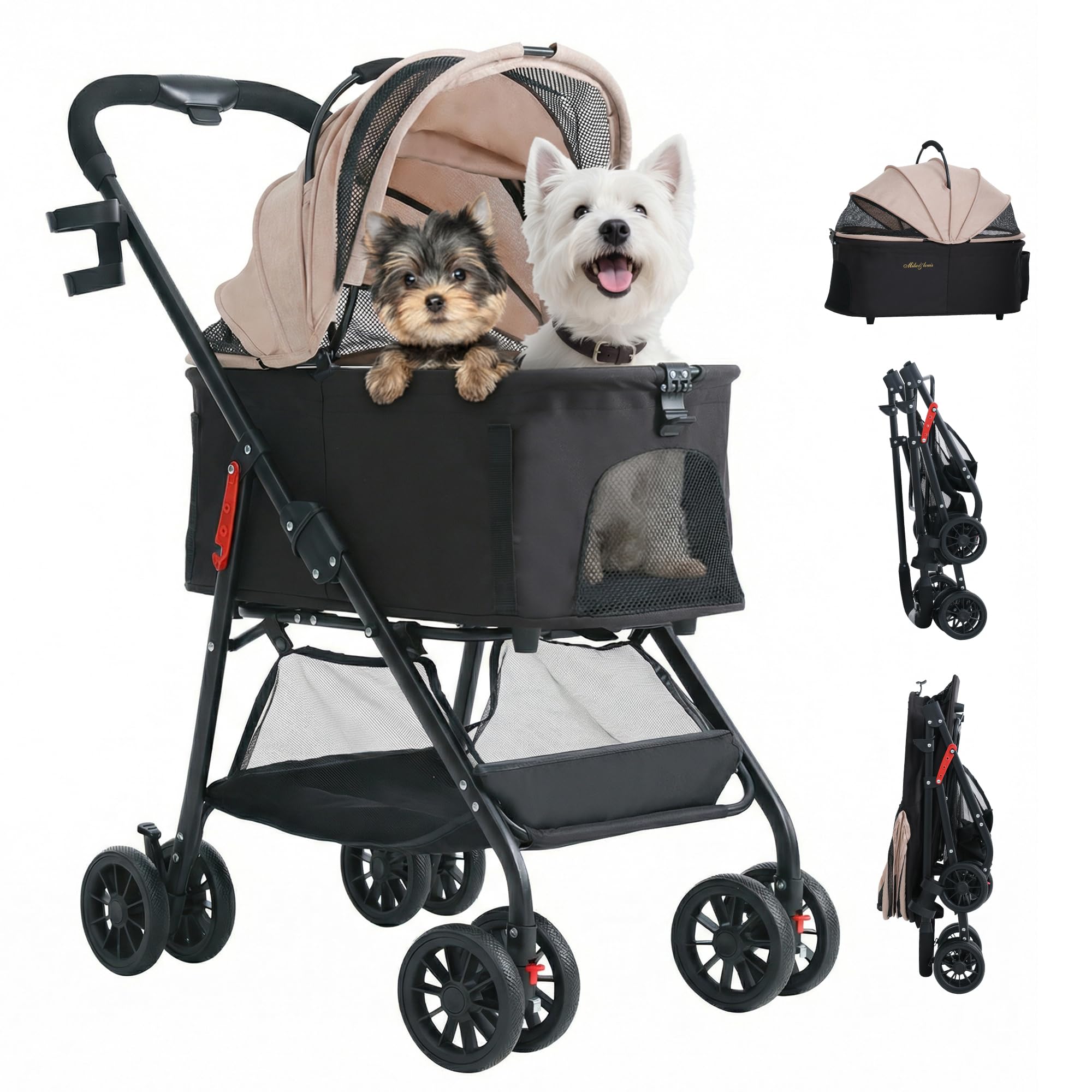 MILA&LOUIS Dog Stroller, 26" Pet Cradle for Medium Dog, Lightweight Foldable Dog Stroller for Multiple Small Pets Durable PU 4-Wheel Dog Strollers, Pet Stroller for Dogs & Cats up to 25Lbs