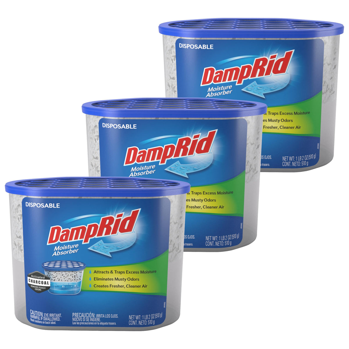 DampRid Fragrance Free Disposable Moisture Absorber & Odor Remover with Activated Charcoal, 18 oz., 3 Pack, Lasts Up To 60 Days, No Electricity Required