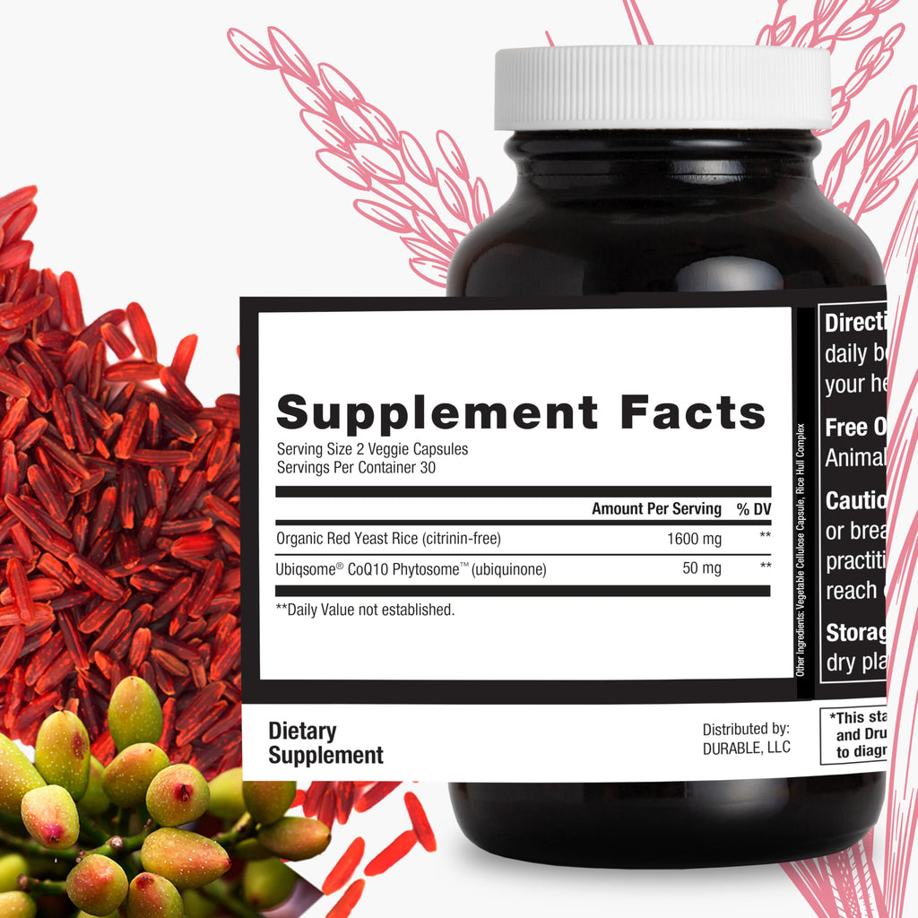 Durable RED Yeast Rice – Organic 1,600 mg Extra Strength + CoQ10 Phytosome – Supports Healthy Cholesterol, Heart, Lipids & Circulation – Doctor Formulated, Non-GMO, Vegan, Made in USA (60 Capsules).