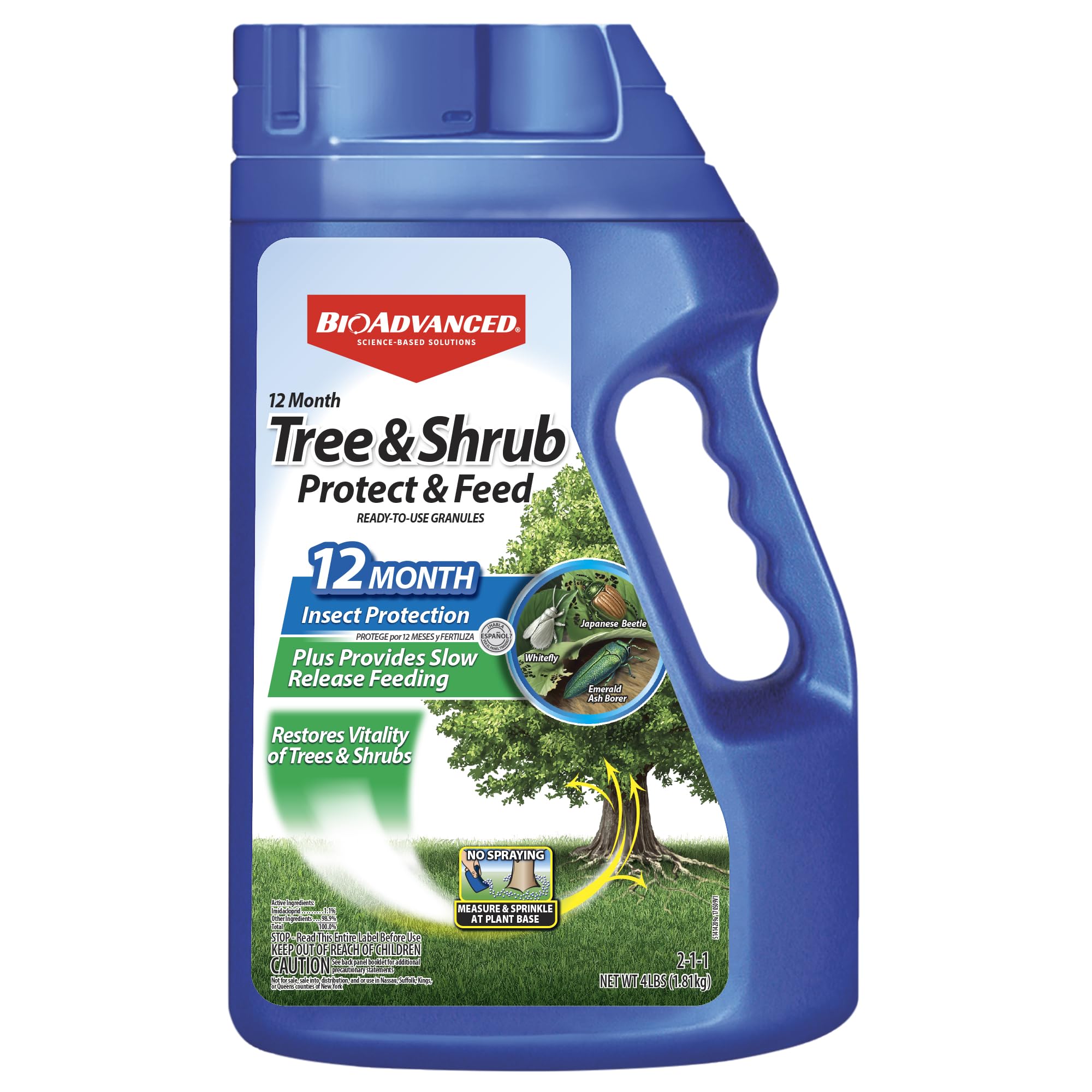 BioAdvanced 12 Month Tree and Shrub Protect and Feed, Granules, 4 lb, Insect Killer, Tree Fertilizer & Plant Food