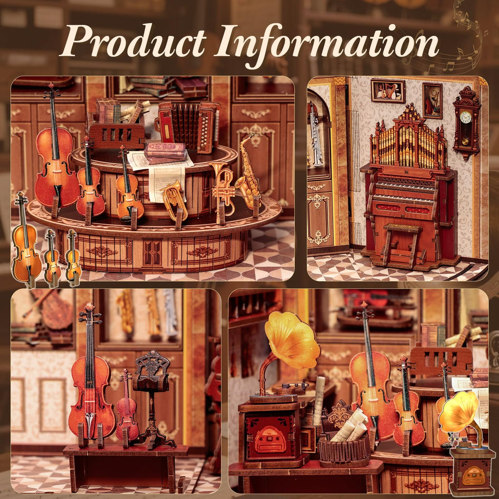 CUTEBEE Book Nook Kit - DIY Miniature House Dollhouse Kit for Adult and Teens, Booknook Bookshelf Decor Alley Model Build with LED Light, Gifts for Family and Friends (Bach Strings)