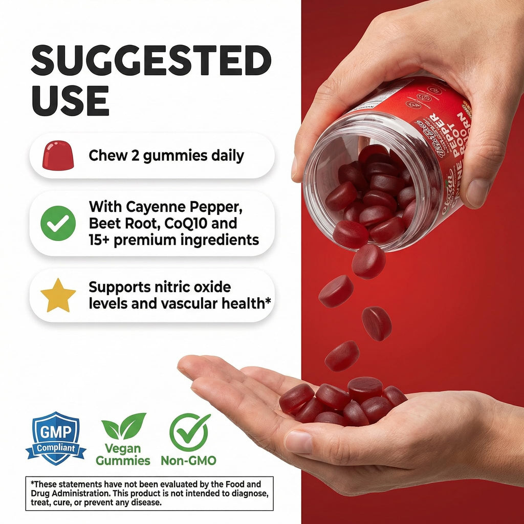 Clean Nutra Cayenne Pepper Beet Root Gummies Beetroot Garlic CoQ10 Hawthorn Berry Grape Seed Extract Olive Leaf Nattokinase Hibiscus Vitamin D Nitric Oxide - VasoEase