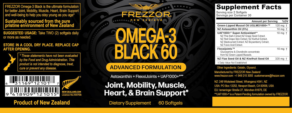 FREZZOR Omega 3 Black - Highest Strength Green Lipped Mussel Oil Capsules, Made in New Zealand, UAF1000+, Inflammation, Joint Care & Relief, Heart & Immune Support, 60 Count (Pack of 4)