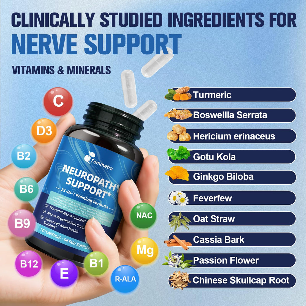 Nerve & Peripheral Neuropathy Support Supplement with 1200mg R-Alpha Lipoic Acid L-Carnitine Vitamin B12 B1 B6 D3 E Folate Lions Mane NAC Magnesium Turmeric - Liver Detox, Antioxidant & Mental Support