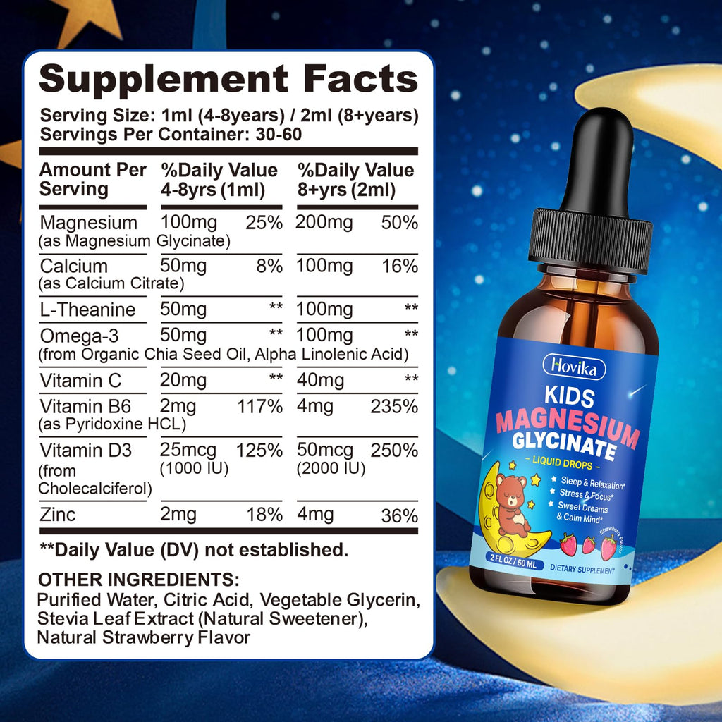2 Pack Kids Magnesium Liquid Drops - Liquid Magnesium Glycinate Supplement with L-Theanine Omega-3, Vitamin B6, D3, Zinc - Support Sleep, Relaxation, Calm & Focus - Strawberry Flavor