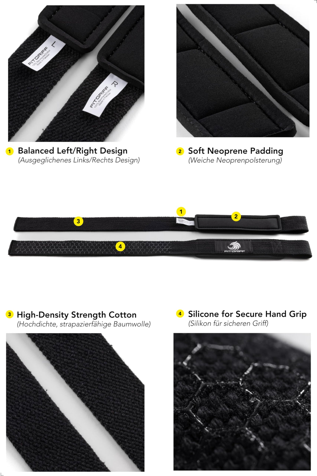 Fitgriff�� Lifting Wrist Straps for Weightlifting, Gym, Deadlift, Workout (Made of Premium Cotton & Padded) - Men & Women (XS, Black (Silicone-Grip))