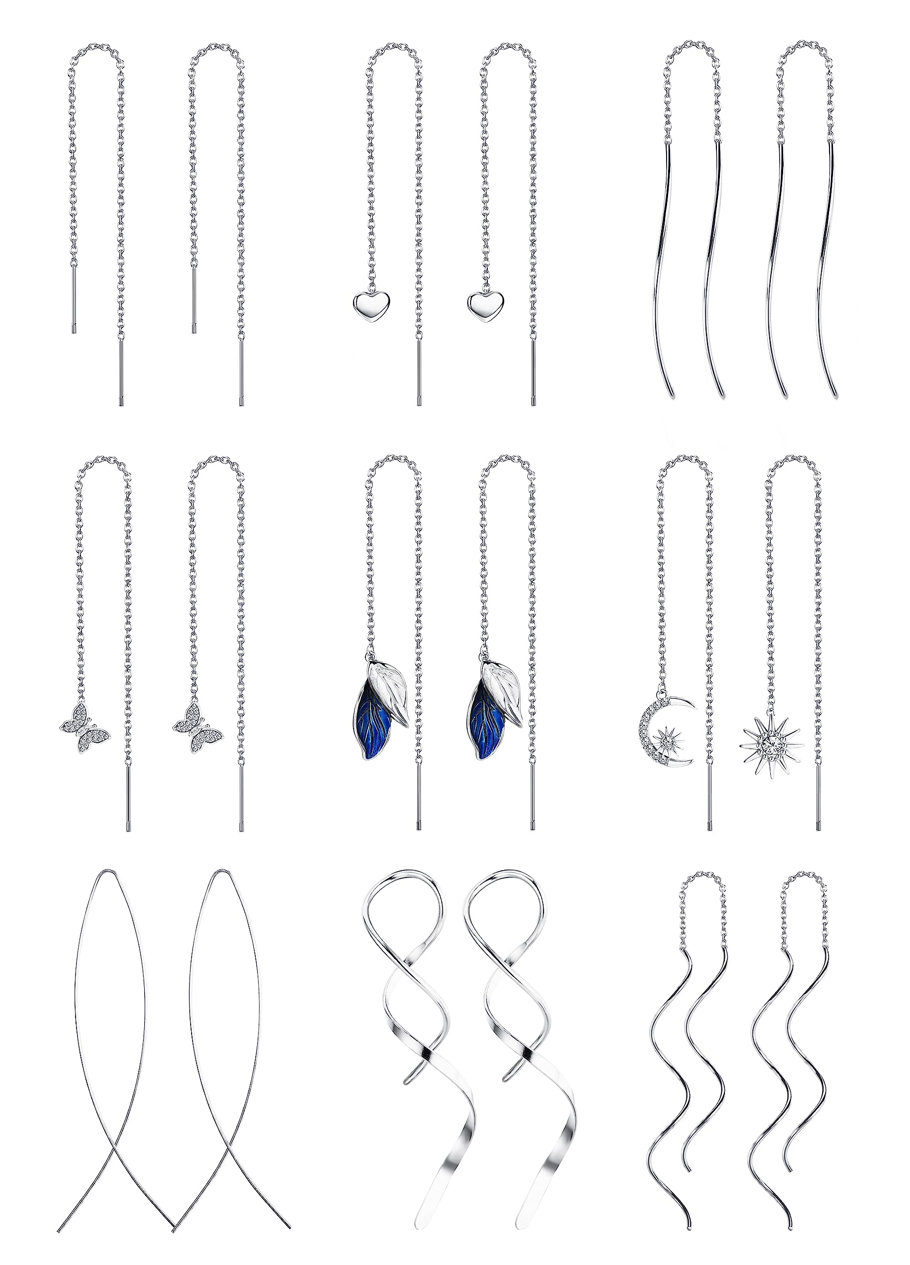 ORAZIO Threader Earrings for Women Stainless Steel Chain Earrings, Silver