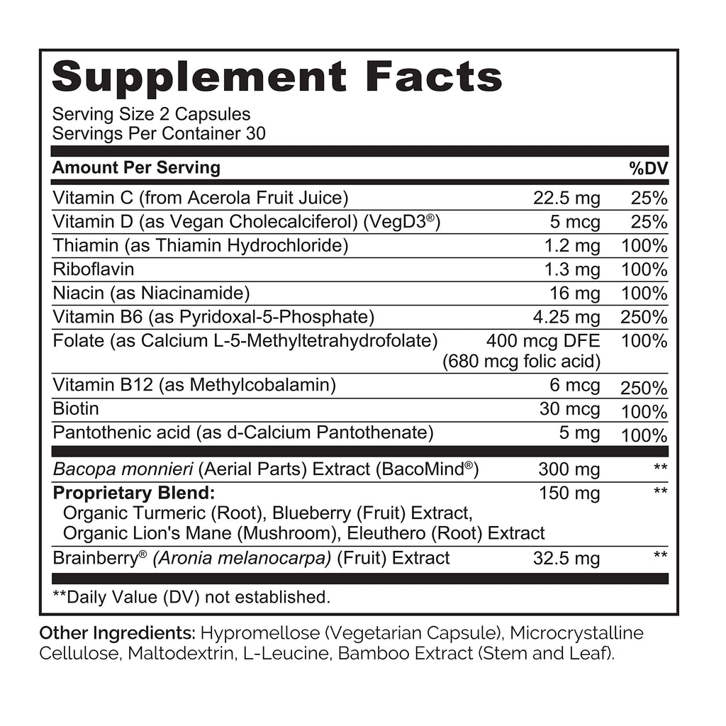 NATURELO Whole Food Brain Supplement - Brain Health Supplements for Memory & Focus Support - Enhance Brain Health Blend Supplement for Adults - 60 Vegetarian Capsules