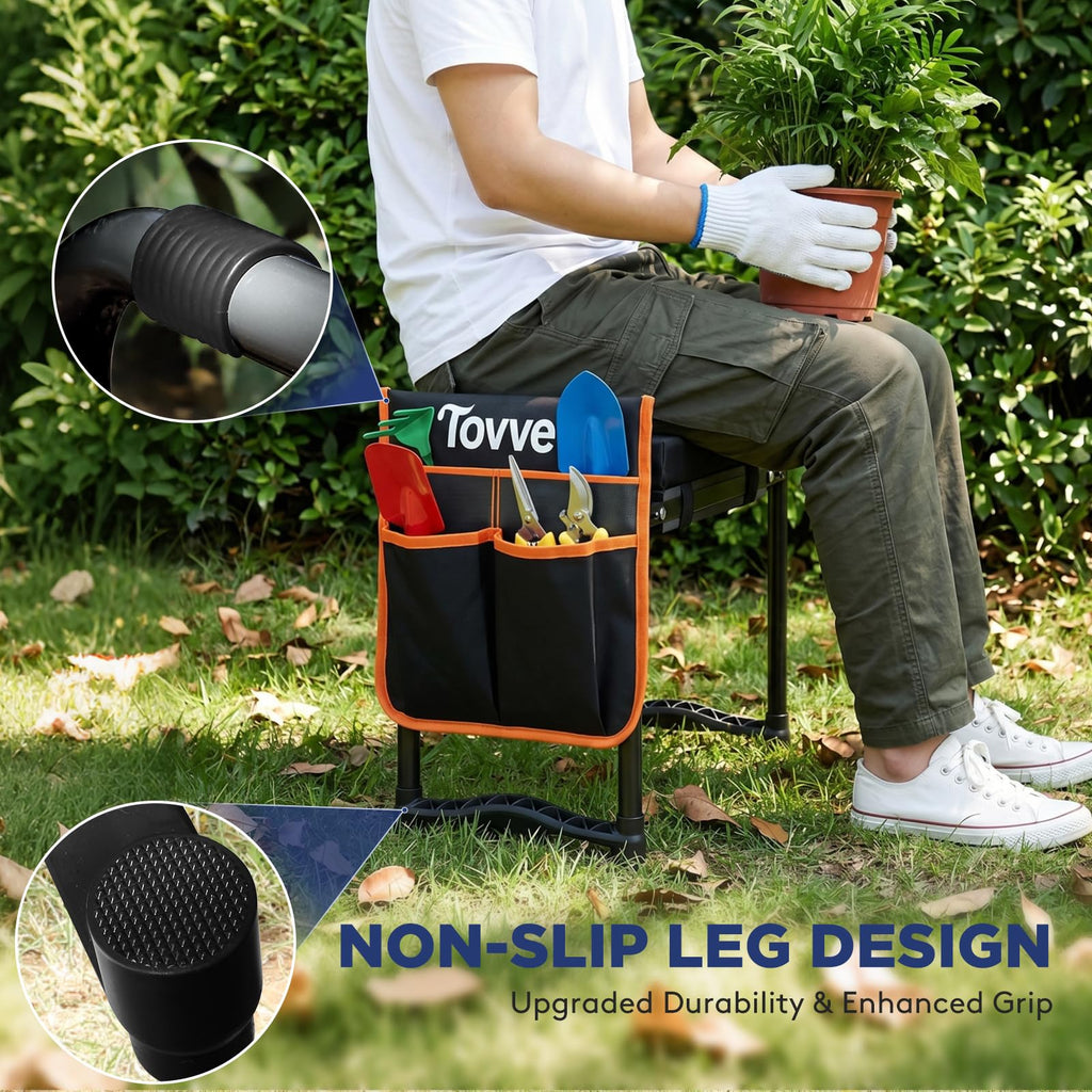 Tovve Foldable Garden Kneeler and Seat, Heavy Duty Garden Stool with 10" Wide Detachable Kneeling Pad, Portable Garden Bench Chair with Large Garden Tool Bag, Gardening Gifts for Women, Seniors, Mom