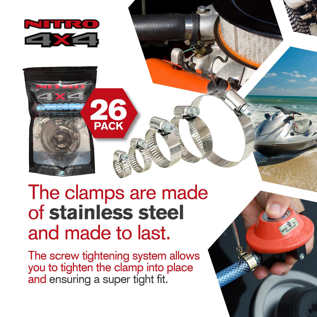 NITRO4X4 Stainless Steel Hose Clamps Set - 26 Pack Adjustable Hose Clamp (1/4 to 2-3/4 Inch, 6-70mm) - Heavy Duty Radiator Hose Clamps for Fuel Line, Plumbing, Automotive, and Mechanical Applications