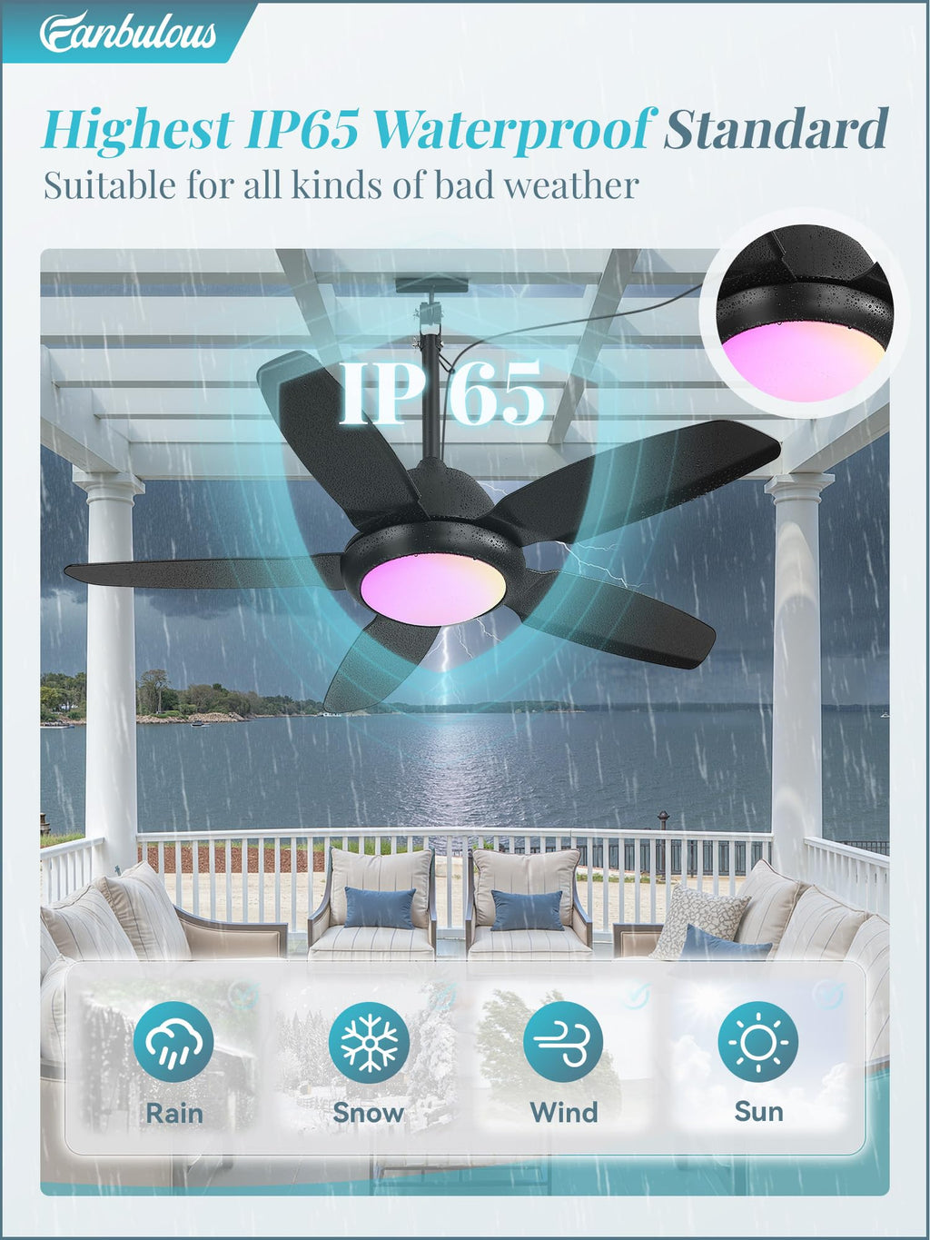 Fanbulous 42 Inch RGB Waterproof Outdoor Ceiling Fan with Lights,APP & Remote Control,IP65 Hanging Gazebo Fan with 3CCT 6-Speed DC Motor,Black Wet Rated Plug in with Cord for Patios Porch Pergola